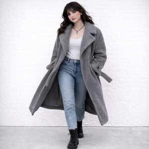 NWT Gray Teddy Sherpa Wrap Coat Belted Plush Fleece Long Jacket Size L